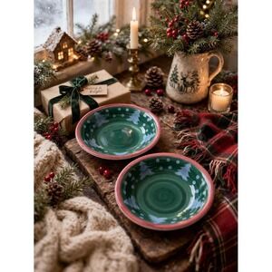 Christmas Tree Pasta Cereal Soup Bowls VTG Tre Ci Italian Signed Set Of 2